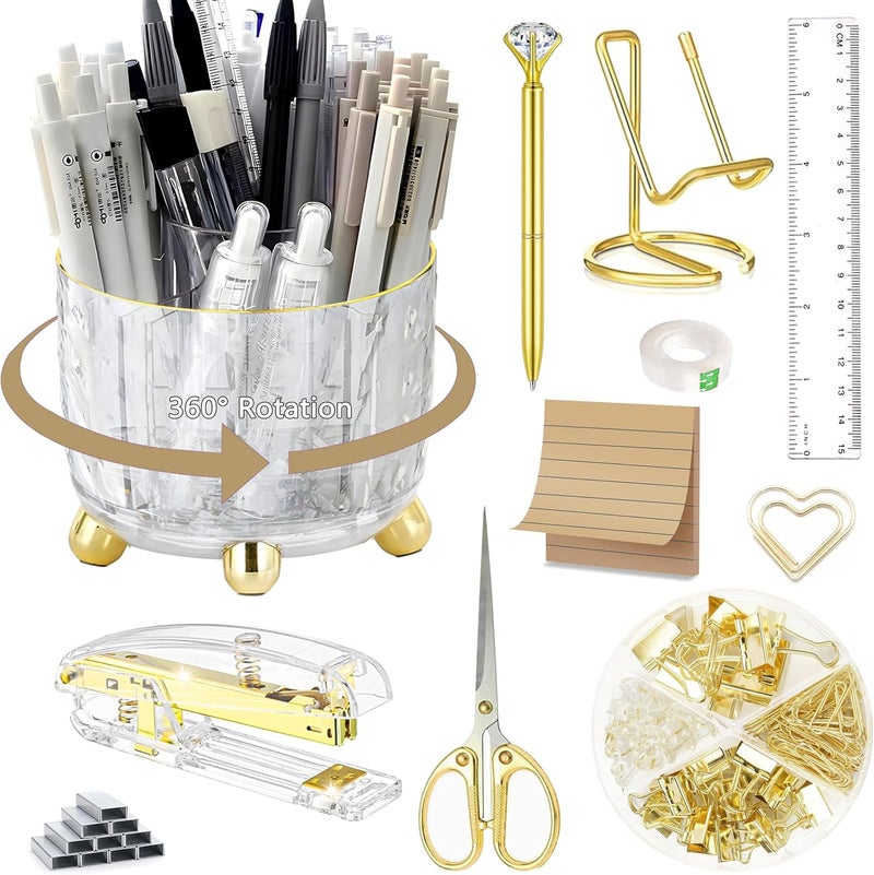 Dimonluce Gold Desk Accessories, Office Desk Organizers and Accessories 360°Pen Holder Acrylic Stapler Set, Phone Holder, Ballpoint Pen, Scissor, Binder Clips, Ruler, Transparent Glue, Sticky Note and Staples. - Image 1